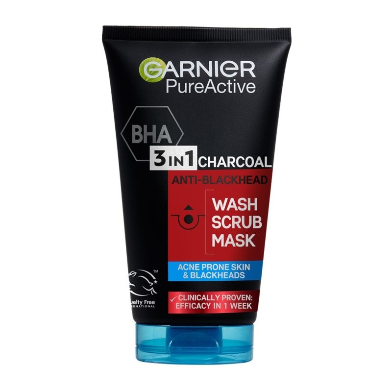 Garnier Pure Active 3-in-1 Charcoal Anti-Blackhead Wash, Scrub, Mask 150ml